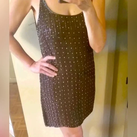Vintage Brown Beaded Mini Dress​ Sz Med